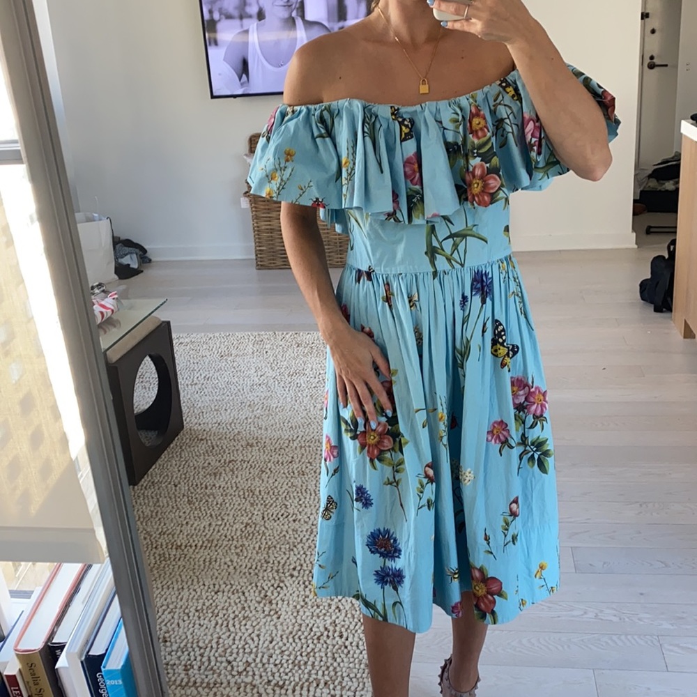 SOLD $1675 OSCAR DE LA RENTA off the shoulder blue floral dress size 8 - Picture 7 of 13